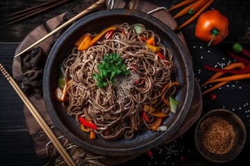 Soba noodles with Beef, Carrots, Onions and sweet peppers Top view