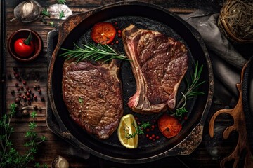 Grilled Steak on a Eound Grill Pan decorated with Spices Top view