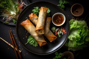 Fried Spring Rolls on a plate with salad top view