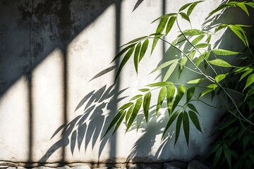 branch with leafs of tropical green plant in front of concrete wall with shadow of prison bars