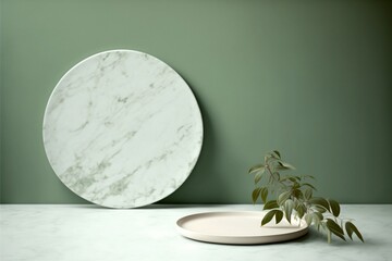 white marble plates in front of green wallpaper for product presentation 