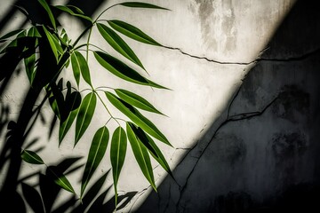 zoom in of tropical plant leafs in front of cracked concrete wall