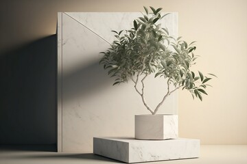 small tropic plant tree in front of white marble wall and podest