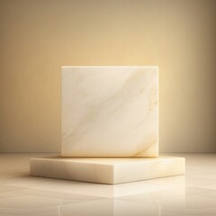 white marble podium for product presentation in beige ambiente