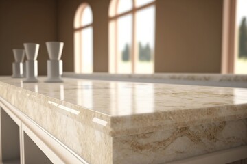 empty white beige marble counter for product presentation, zoom, window and shadow
