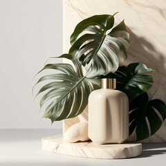 spa beauty product presentation with monstera plant and white marble plates