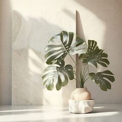 White marble plate for spa product presentation as background with monstera plant in vase, beige ambiente