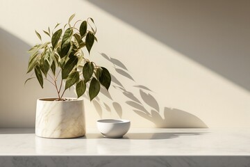 Marble counter for spa product presentation with tropical plant in marble pot and beige background