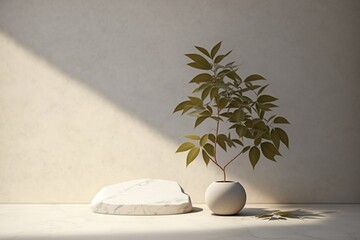 Marble plate for spa product presentation with tropical plant in a pot