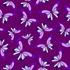 Fototapeta na wymiar seamless pattern of blue-violet decorative butterflies on a magenta background, texture, design