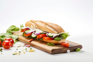 Yummy baguette sandwich with various vegetables and slices of cheese placed on white background