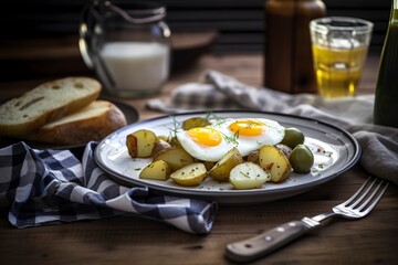 fried eggs and potatoes served on plate with pickles near utensils and striped napkin on wooden table