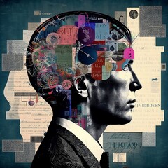 Business man thinking about success strategies, art collage