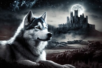 Silver Moons Sparkling Light: A Fantasy Siberian Husky Illustration Generative AI