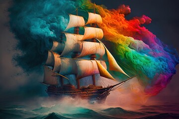 Swirling Colorful Mists: Captivating Adventures on a Rainbow Ship Generative AI