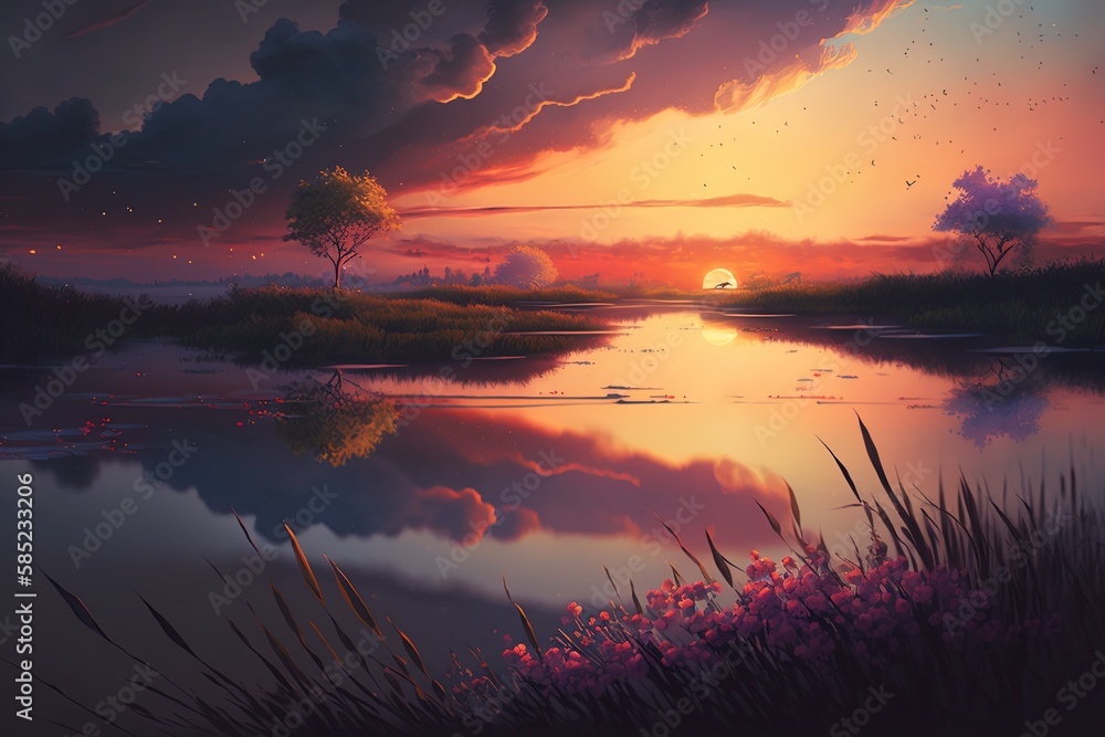 Poster melodious vibes surrounding this serene spring sunset generative ai
