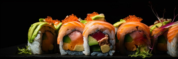 sushi rolls with tiger shrimp, salmon and avocado, flowers and herbs, with soy sauce and ginger, nigiri, maki, uramaki