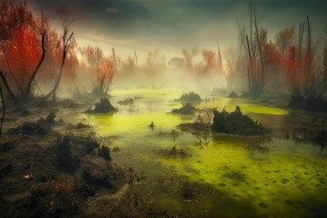 Toxic Twilight: Surreal Swamp Landscape with Poisonous Gas Sprays, Evoking Natural Disaster, Generative AI
