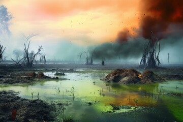 Fototapeta na wymiar Toxic Twilight: Surreal Swamp Landscape with Poisonous Gas Sprays, Evoking Natural Disaster, Generative AI
