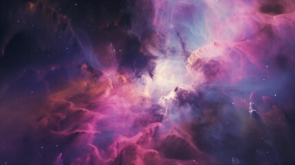 Obraz na płótnie Canvas A beautiful nebula in outer space, with bright pink and purple colors swirling throughout it, and a galaxy with long arms visible. Generative AI