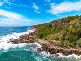 Fototapeta na wymiar Drone, aerial view of the popular first and second Bay Coolum on the Sunshine Coast. Golden sandy beaches and turquoise water, a tropical paradise near Brisbane, Queensland, Australia