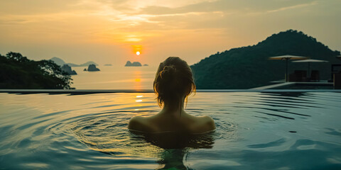 Woman on summer vacation holiday relaxing in infinity swimming pool with blue sea sunset. digital art - obrazy, fototapety, plakaty