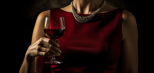 Beautiful woman in a evening red dress and precious jewelery with a glass of wine at gala event. Woman posing on a dark background. Beauty, fashion. digital  art