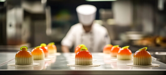 Chef cook in restaurant or hotel kitchen cooking, finishing dessert. Male chef working at kitchen