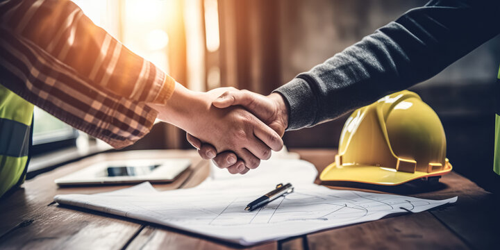 Architect and engineer construction workers shaking hands while working for teamwork and cooperation concept after finish an agreement in the office construction site, success collaboration concept
