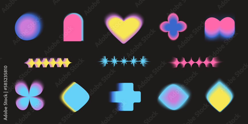 Poster gradient abstract blur shapes, blurry heart, stars, moon and floral aesthetic elements on black back