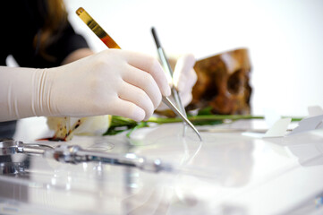 Woman dermatologist testing cream.allergy test, irritation .research and development the natural beauty product in the laboratory. High quality photo