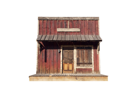 Historic western town film set shack inside Santa Monica Mountains National Recreation Area Park near Los Angeles.  Shack was destroyed in the 2018 Wolsey fire.  Isolated with cut out background.  