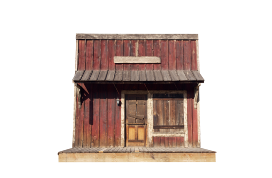 Historic western town film set shack inside Santa Monica Mountains National Recreation Area Park near Los Angeles.  Shack was destroyed in the 2018 Wolsey fire.  Isolated with cut out background.  