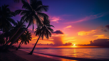 beautiful landscape view of the seashore with palm trees at sunset .Generative AI