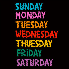 Set of weekdays. Monday, Tuesday, Wednesday, Thursday, Friday, Saturday, Sunday on a black background