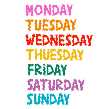 Set of weekdays stickers. Monday, Tuesday, Wednesday, Thursday, Friday, Saturday, Sunday