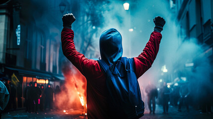 Fototapeta premium A French protester raising his arms in the air in victory during a night of riot in Paris, barricades burning in the street, bleu white red colors of the French flag - generative AI