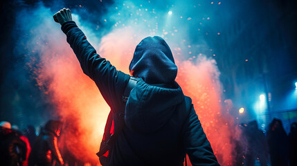 A French protester raising his arms in the air in victory during a night of riot in Paris, barricades burning in the street, bleu white red colors of the French flag - generative AI