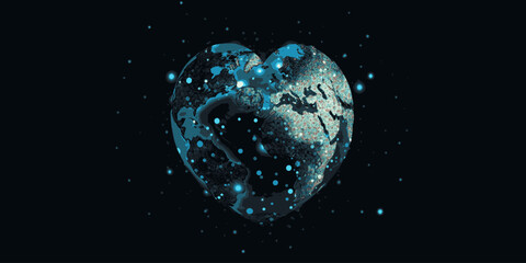 Naklejka na ściany i meble Earth as a heart seen from space, dark blue banner for Earth Day
