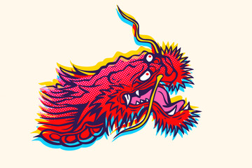 Vector illustration of a head of Chinese dragon white background. Vector Asian dragon in glitch style.