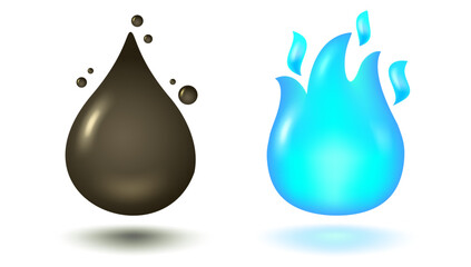 Vector illustration of oil drop and fire of gas in 3D style. Vector icon of oil drop and blue fire in realistic style.