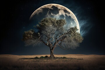 Fototapeta na wymiar A lonely tree against the background of a full moon
