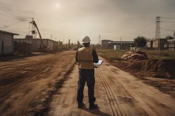 A construction worker looking at a plan on a construction site