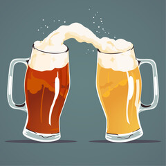Two mugs of beer clink at a toast and foam splashes