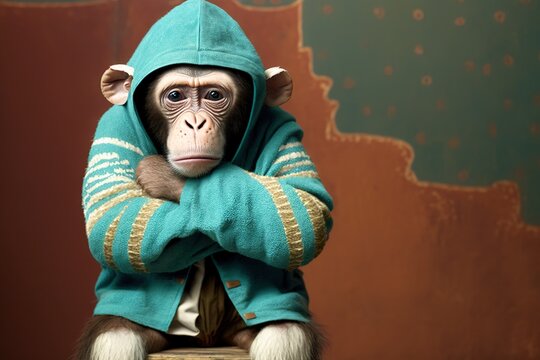 sad monkey wearing circus clothes suffering from being tired at work, c created with Generative AI technology