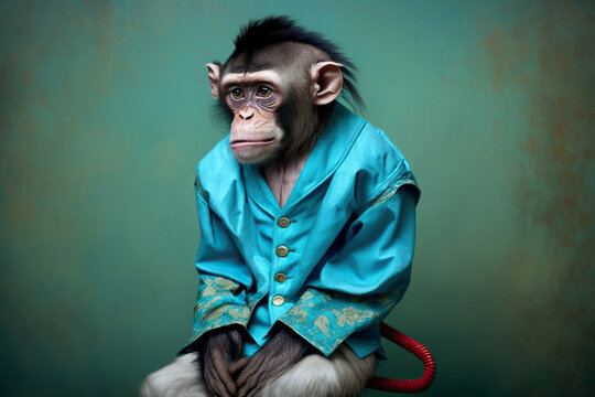 sad monkey wearing circus clothes suffering from being tired at work, c created with Generative AI technology