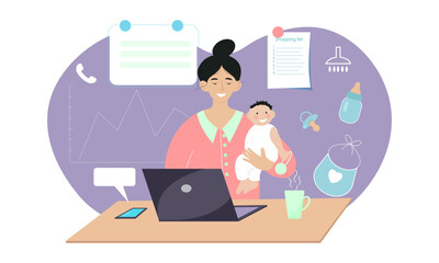 Woman freelancer working from home with child. Balance between work and motherhood