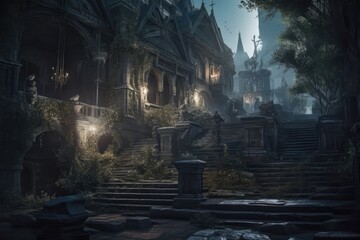 The fantastic dark city with mythical, magical atmosphere treasures