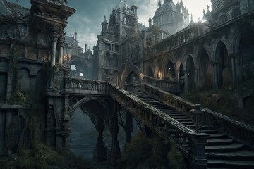 The fantastic dark city with mythical, magical atmosphere treasures