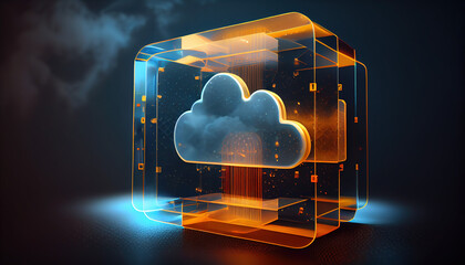 Digital informational technology web futuristic hologram with cloud icon, blue golden light digits and code background, cloud computing. Abstract Motion of digital data flow. - Generative AI